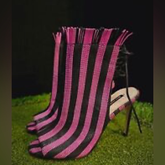 NWOT Zara Striped Woven Textured Lace-Up Heels - Picture 8 of 9